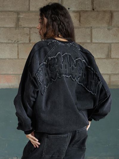 MAGOODGAN Akalit Fleece-Lined Big Logo Applique Overfit Denim Sweatshirt (3325A) [Black]