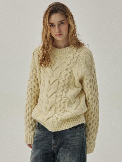 MAGOODGAN Fisherman Crew Neck Knit Sweater (3951) [Cream]