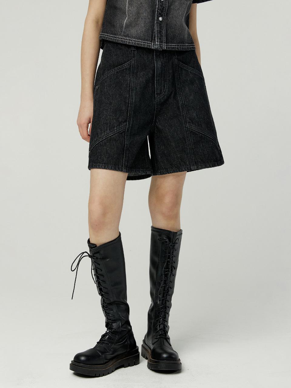 MAGOODGAN Flower 7958 Fatigue Modified Bermuda Denim Shorts [Black]