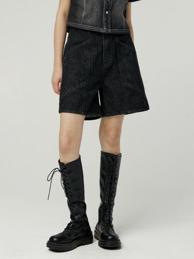 MAGOODGAN Flower 7958 Fatigue Modified Bermuda Denim Shorts [Black]