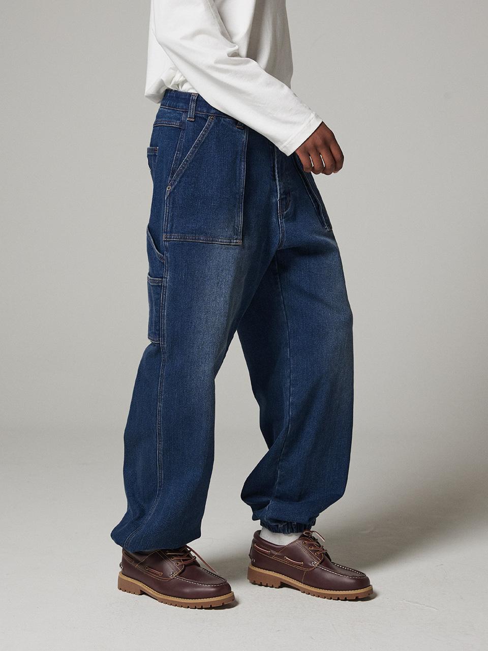 MAGOODGAN Jogger 7723 Carpenter Wide Fit Fleece Dark Medium Indigo Denim Jogger Pants