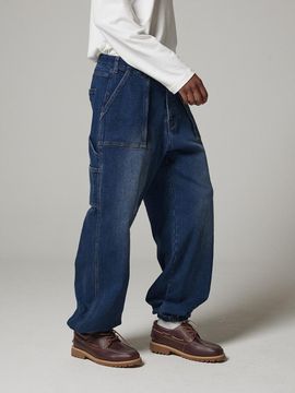 MAGOODGAN Jogger 7723 Carpenter Wide Fit Fleece Dark Medium Indigo Denim Jogger Pants