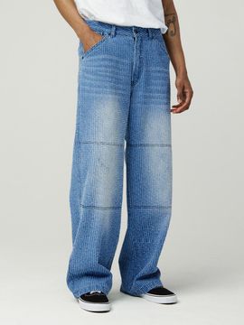 MAGOODGAN PABUN Distressed Stripe Wide-Fit Denim Pants [Medium Indigo] (7544)