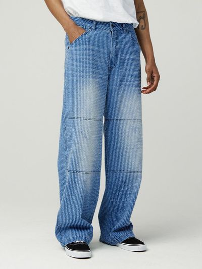 MAGOODGAN PABUN Distressed Stripe Wide-Fit Denim Pants [Medium Indigo] (7544)