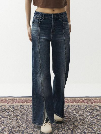 MAGOODGAN Slit Flare Fit Fade Wash Denim Pants - Dark Indigo