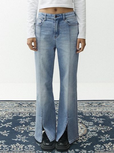 MAGOODGAN Slit Flare Fit Fade Wash Denim Pants - Light Indig