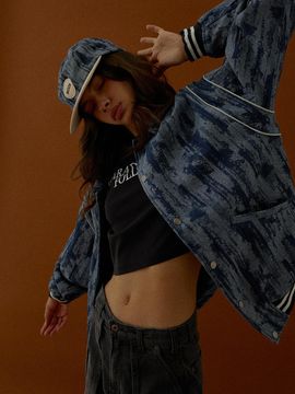 MAGOODGAN Varsity 5702 Jacquard Denim Overfit Medium Indigo Baseball Jacket