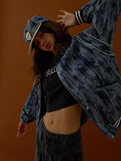 MAGOODGAN Varsity 5702 Jacquard Denim Overfit Medium Indigo Baseball Jacket
