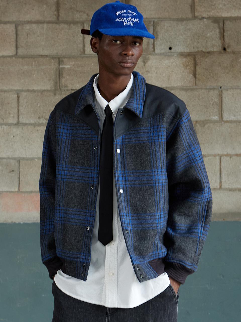 MAGOODGAN Varsity Western Wool Padded Check Stadium Jacket (5703) [Grey]