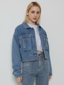 MAGOODGAN W Trucker 5161 3D Pocket Cropped Denim Jacket (Light Indigo)