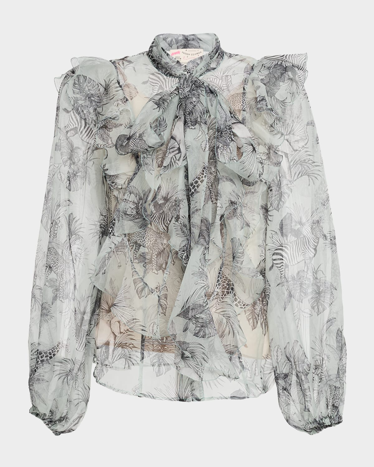 Maison Common African-Print Silk Chiffon Neck Scarf Blouse