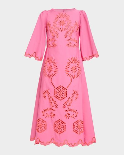 Maison Common Eyelet Embroidered Cotton 3/4-Sleeve Midi Dress