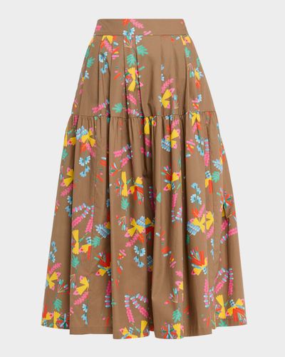 Maison Common Geometric Floral Cotton Pleated Midi Skirt