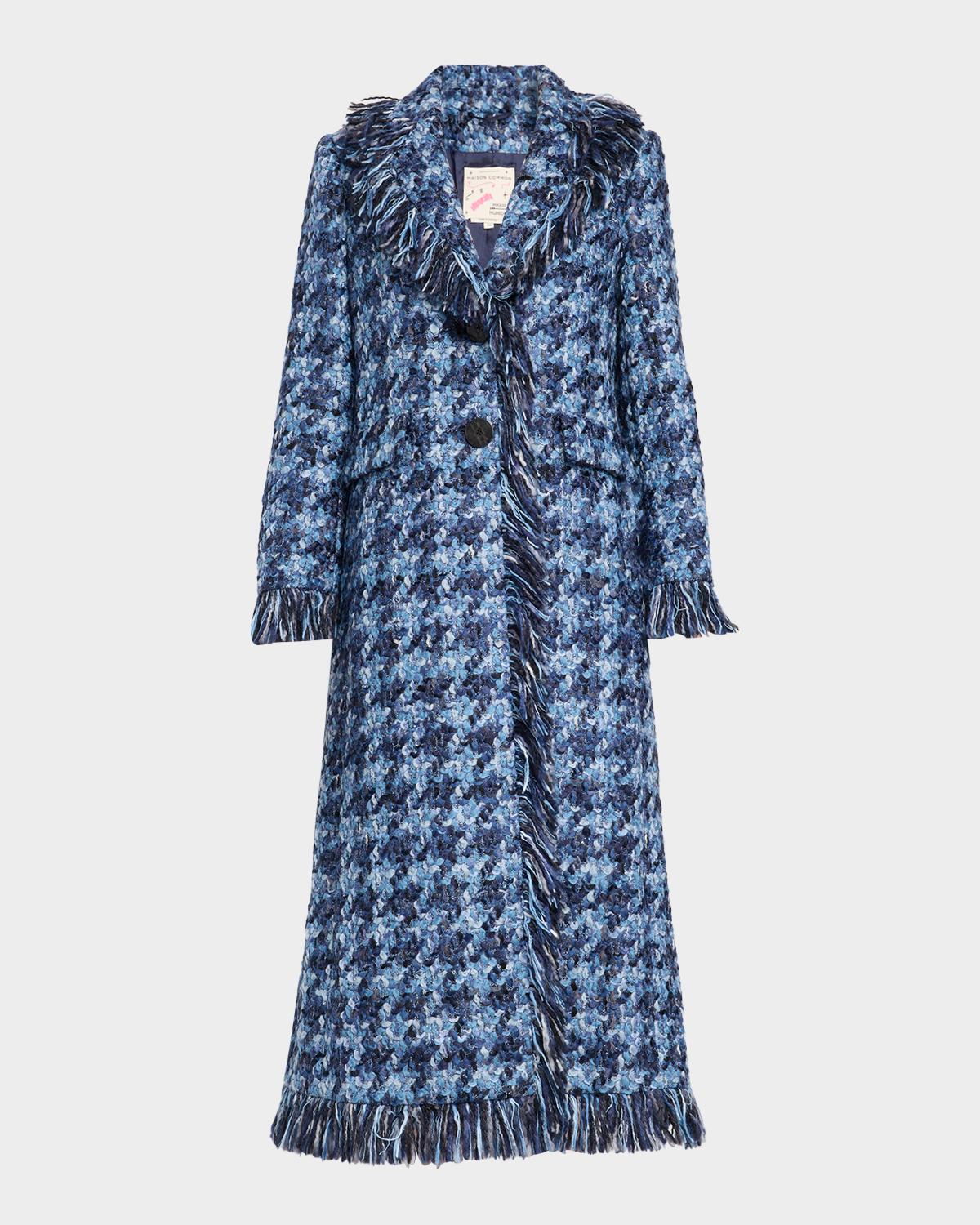 Maison Common Houndstooth Tweed Fringed Single-Breasted Coat