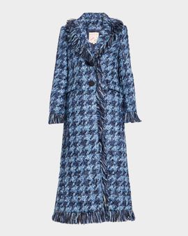 Maison Common Houndstooth Tweed Fringed Single-Breasted Coat