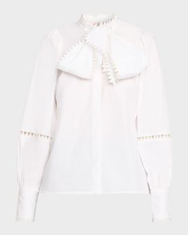 Maison Common RicRac Scarf-Neck Cotton Poplin Button-Down Blouse