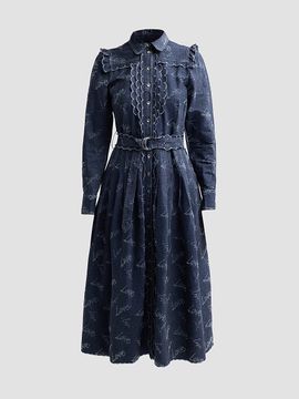 Maison Common Women's Belted Embroidered Chambray Midi Shirtdress