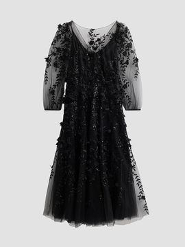 Maison Common Women's Floral Embroidered Tulle Illusion Midi Dress