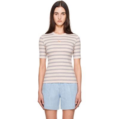 Maison Kitsuné Maison Kitsuné Beige Baby Fox Striped Fitted T-shirt