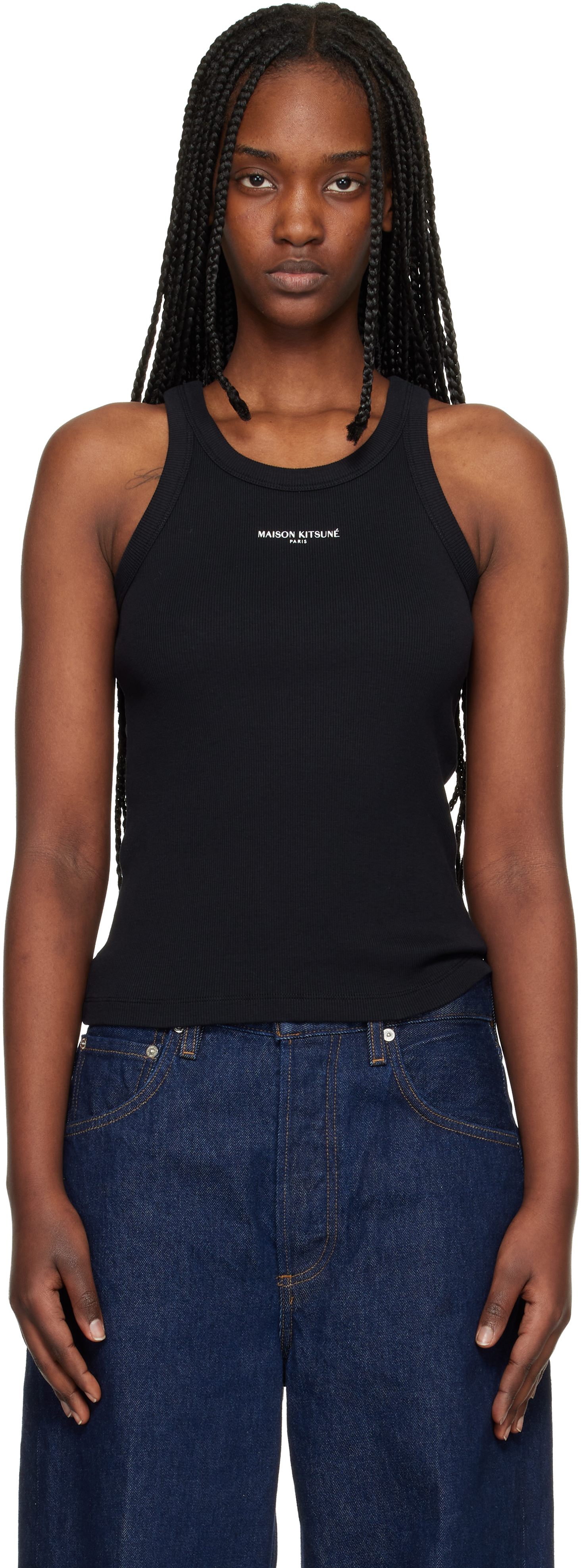 Maison Kitsuné - Black ' Paris' Ribbed Tank Top
