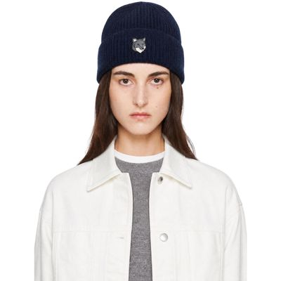Maison Kitsuné Maison Kitsuné Navy Fox Head Large Beanie
