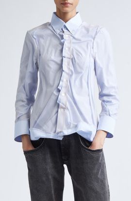 Maison Margiela Maison Margiela Stripe Ruffle Long Sleeve Cotton Button-Down Shirt