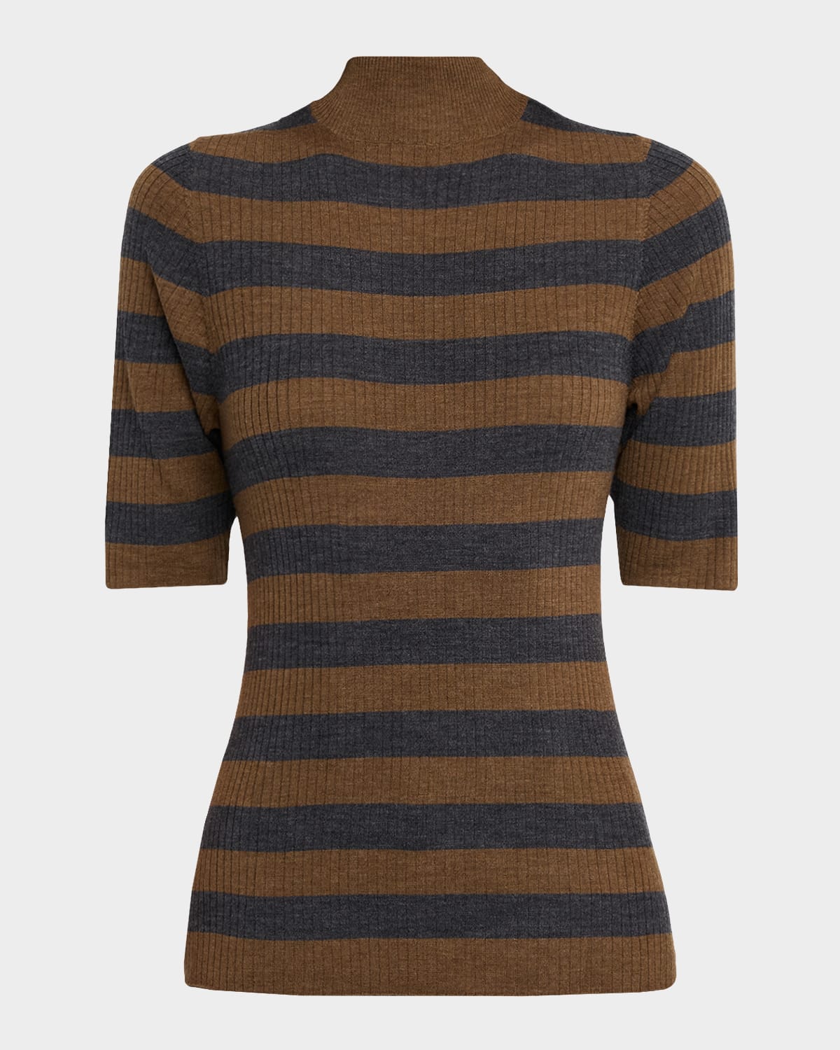 Majestic Filatures - Striped Rib Knit Merino Wool Mock-Neck