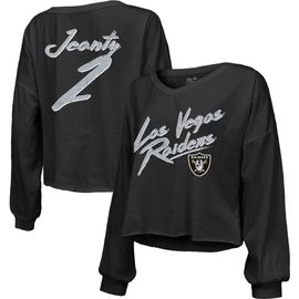 Majestic Threads Women's Majestic Threads Ashton Jeanty Black Las Vegas Raiders Name & Number Off-Shoulder Script Cropped Long Sleeve Relaxed V-Neck T-Shirt at