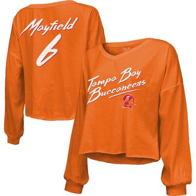 Majestic Threads Women's Majestic Threads Baker Mayfield Orange Tampa Bay Buccaneers Off-Shoulder Script Name & Number V-Neck T-Shirt 