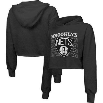 Majestic Threads Women's Majestic Threads Black Brooklyn Nets Repeat Cropped Tri-Blend Pullover Hoodie 