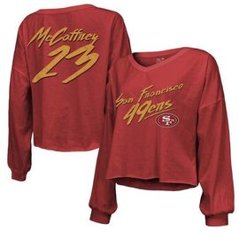 Majestic Threads Women's Majestic Threads Christian McCaffrey Scarlet San Francisco 49ers Name & Number Off-Shoulder Script Cropped Long Sleeve V-Neck T-Shirt at