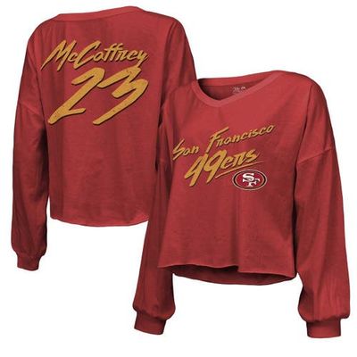 Majestic Threads Women's Majestic Threads Christian McCaffrey Scarlet San Francisco 49ers Name & Number Off-Shoulder Script Cropped Long Sleeve V-Neck T-Shirt at
