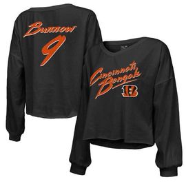Majestic Threads Women's Majestic Threads Joe Burrow Black Cincinnati Bengals Name & Number Off-Shoulder Script Cropped Long Sleeve V-Neck T-Shirt 