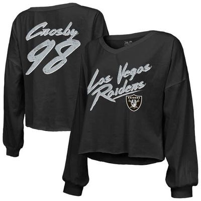 Majestic Threads Women's Majestic Threads Maxx Crosby Black Las Vegas Raiders Off-Shoulder Script Player Name & Number Cropped Long Sleeve V-Neck T-Shirt at