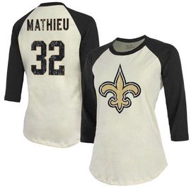 Majestic Threads Women's Majestic Threads Tyrann Mathieu Cream/Black New Orleans Saints Name & Number Raglan 3/4 Sleeve T-Shirt 