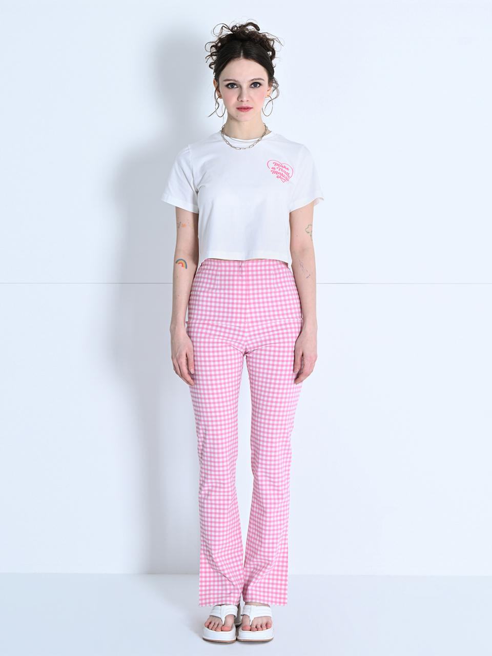MAKE A TOAST CHECK SLIM SLIT PANTS PINK MTBBSPA01013