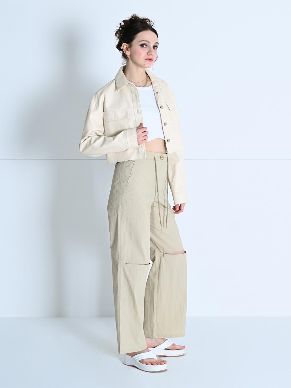 MAKE A TOAST CUTOUT STRING SLIM WIDE PANTS BEIGE MBCSPA009BE