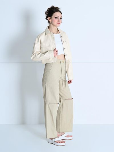 MAKE A TOAST CUTOUT STRING SLIM WIDE PANTS BEIGE MBCSPA009BE