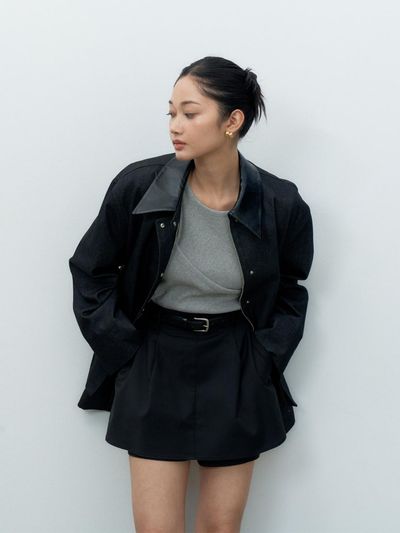 MAKE A TOAST Denim Vegan Leather Collar Oversized Jacket [Black] (MBESJK003BK)