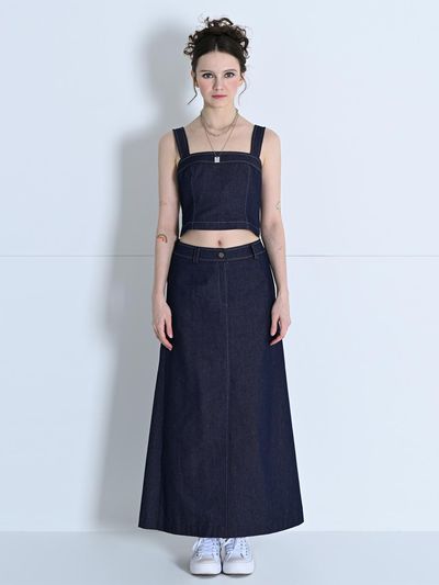 MAKE A TOAST FRONT SLIT DENIM SKIRT NAVY MBDSSK001NV