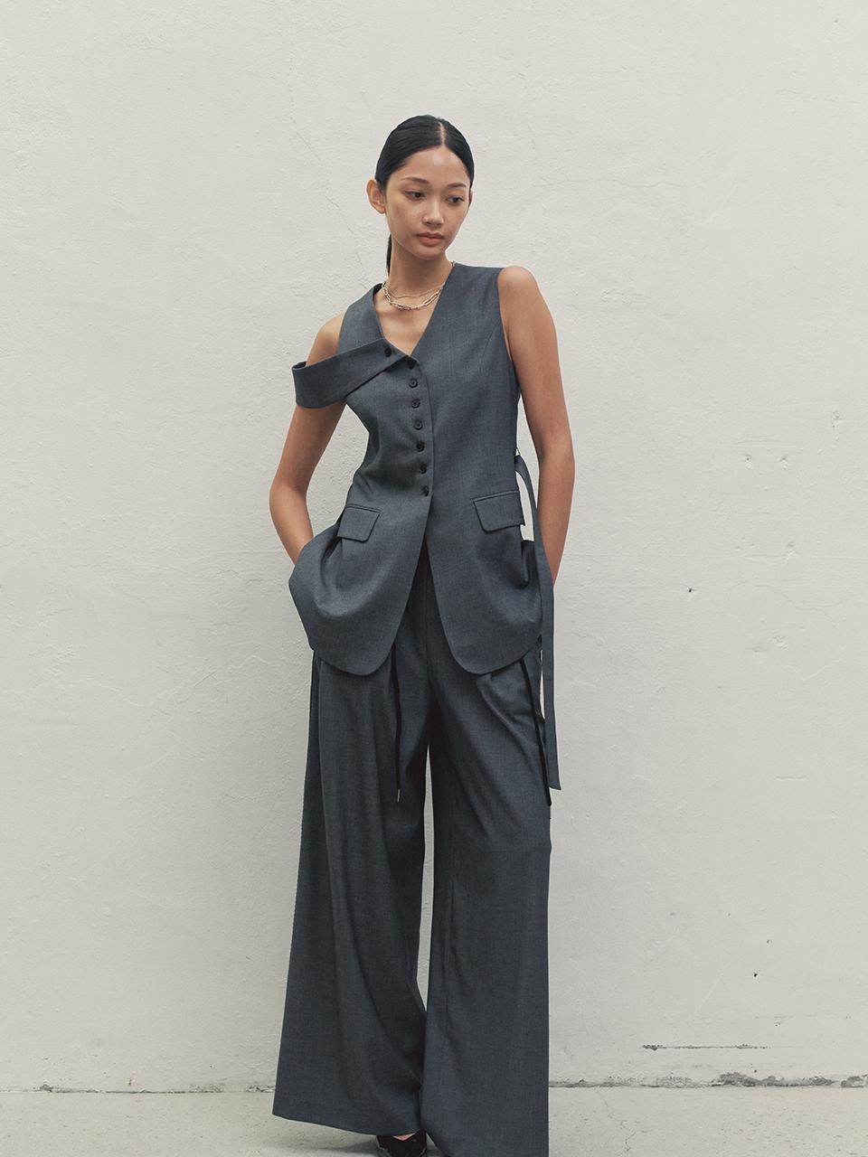 MAKE A TOAST LACE STRING TUCK WIDE PANTS DARK GRAY MBDFPA004DG