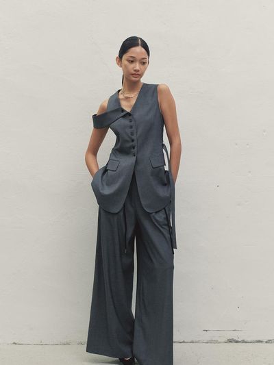 MAKE A TOAST LACE STRING TUCK WIDE PANTS DARK GRAY MBDFPA004DG