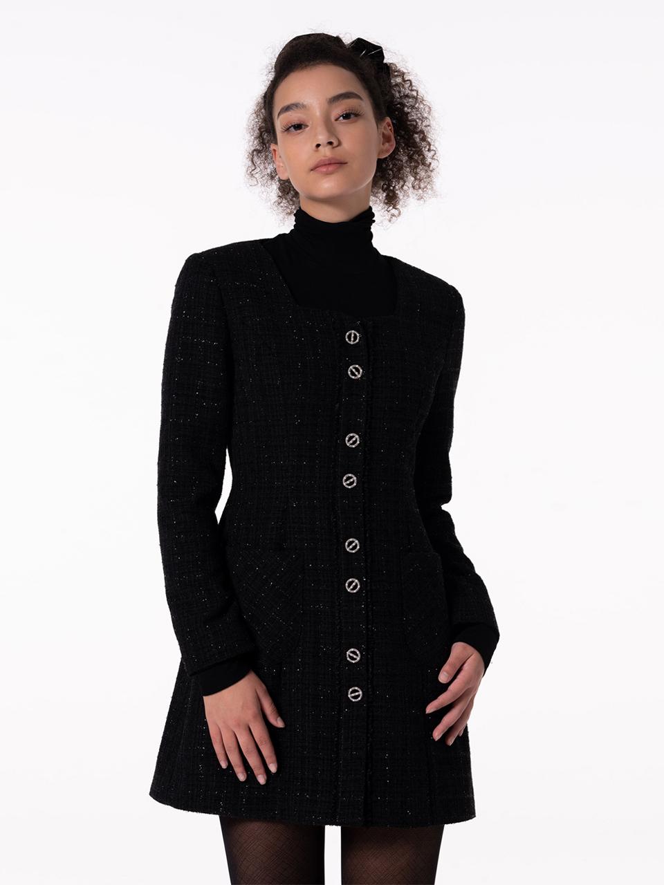 MAKE A TOAST TWEED SQUARE NECK LACE DRESS - BLACK