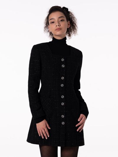 MAKE A TOAST TWEED SQUARE NECK LACE DRESS - BLACK