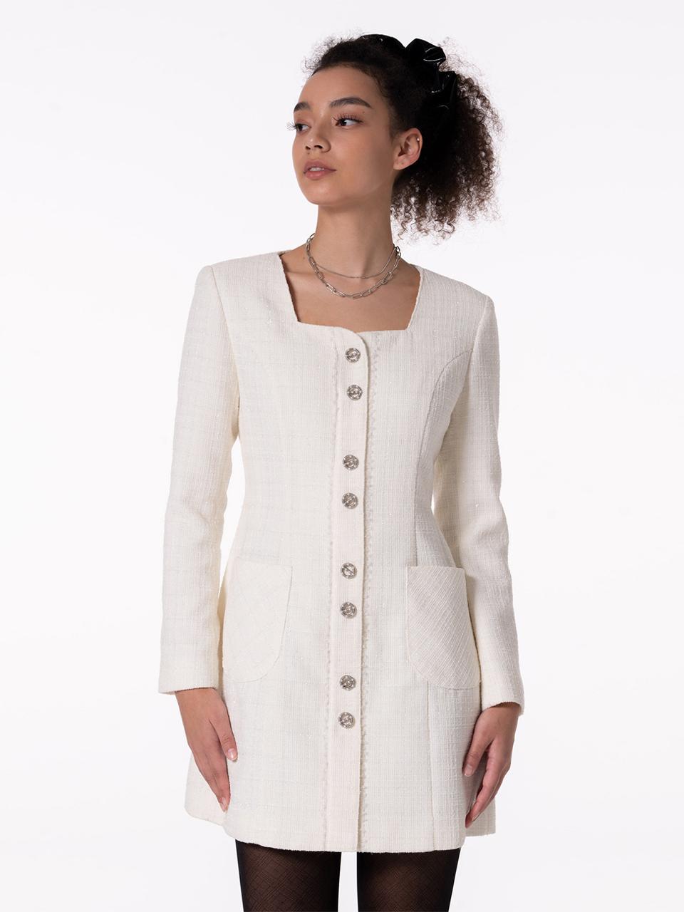 MAKE A TOAST TWEED SQUARE NECK LACE DRESS - WHITE