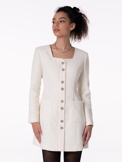 MAKE A TOAST TWEED SQUARE NECK LACE DRESS - WHITE