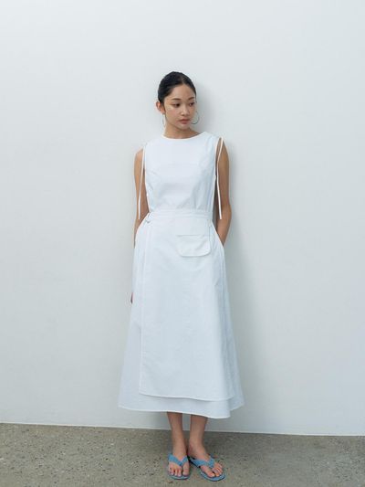 MAKE A TOAST Two-way Belted Pocket Sleeveless Dress [Beige] (MBESOP004WH)