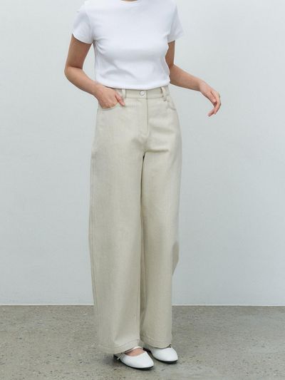 MAKE A TOAST Vintage Cotton Semi-Wide Straight Pants [Beige] (MBESPA006BE)