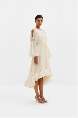 Malina Malina Leontine Pouf Sleeve Ruffled Midi Dress