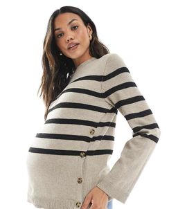 Mama.licious Mamalicious knit sweater with button-side nursing function in beige and black stripes-Neutral